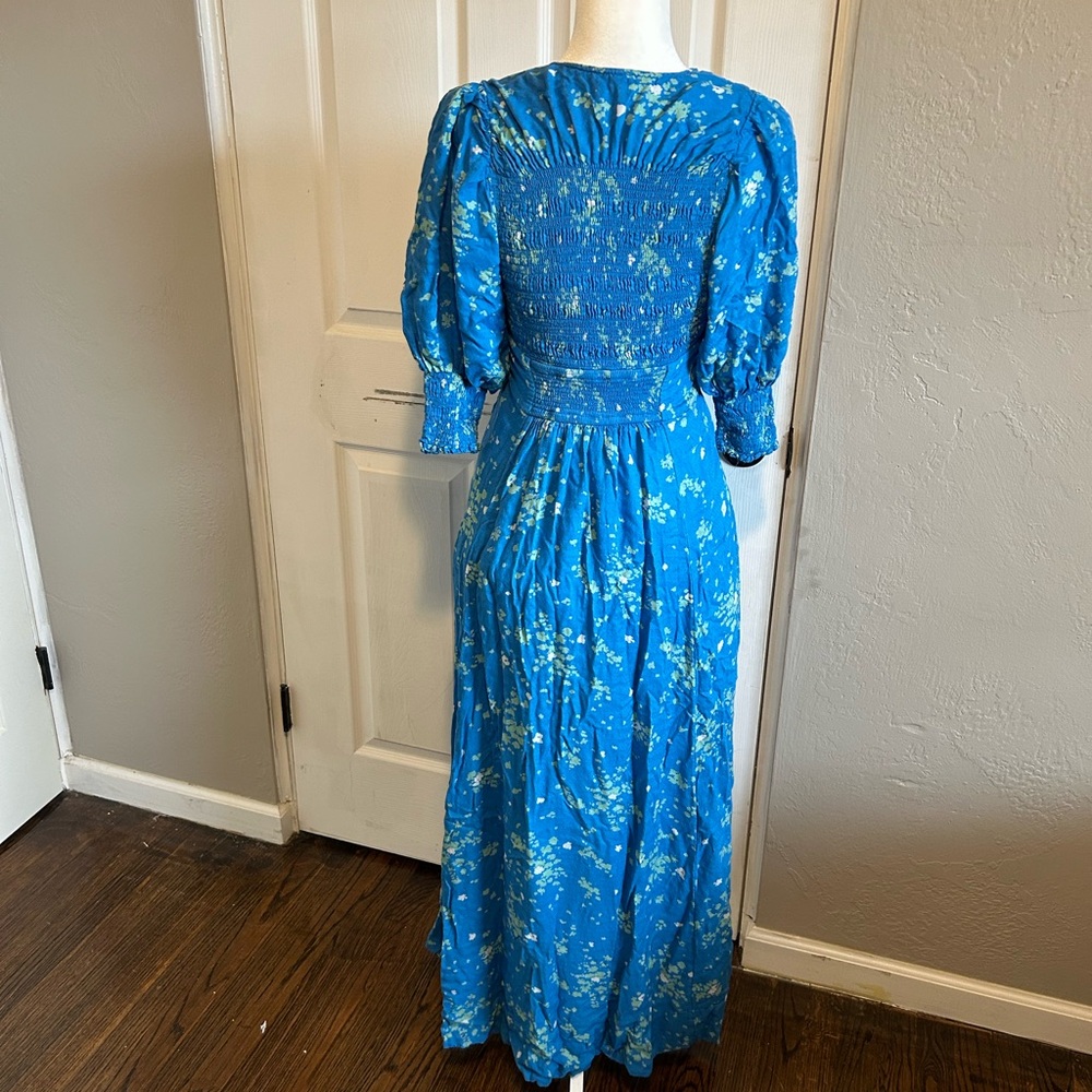 Free People Vibrant Blue Floral Long Sleeve Dress cutout button tie dress - Picture 8 of 10